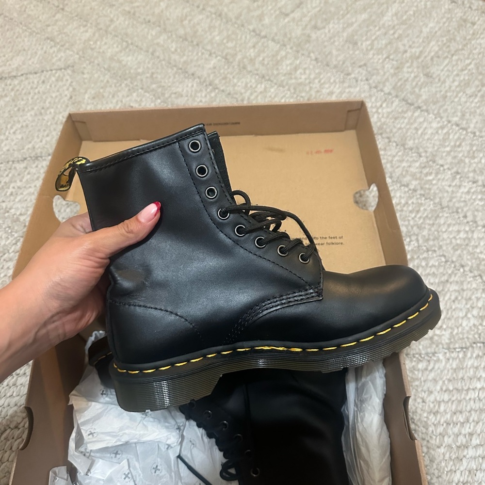 Dr. Martens Black Leather Combat Boots with Yellow Stitching. No box.